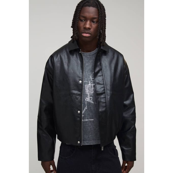 Boxy Fit Paneel Pu Harrington Jas | Black | Size XL