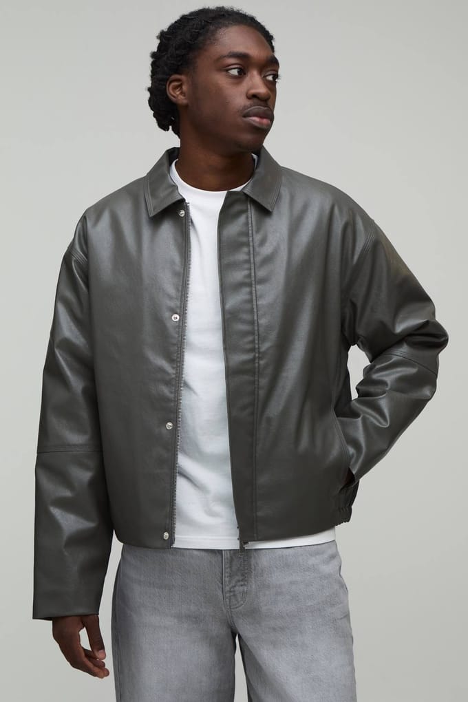 Boxy Fit Harrington Jas Met Panelen In Pu-leer | Charcoal | Size XS