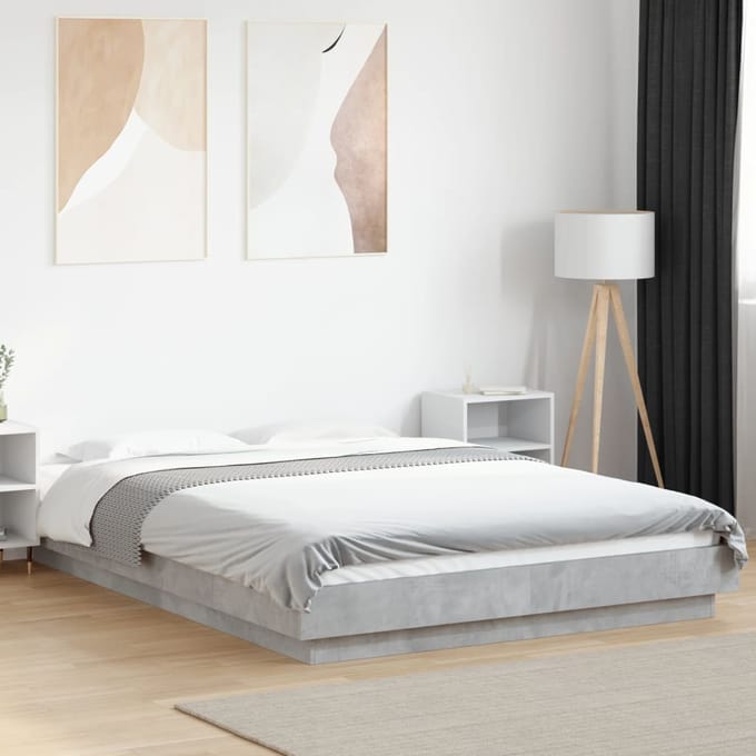 vidaXL - Bedframe - met - LED-verlichting - bewerkt - hout - betongrijs - 120x190 - cm