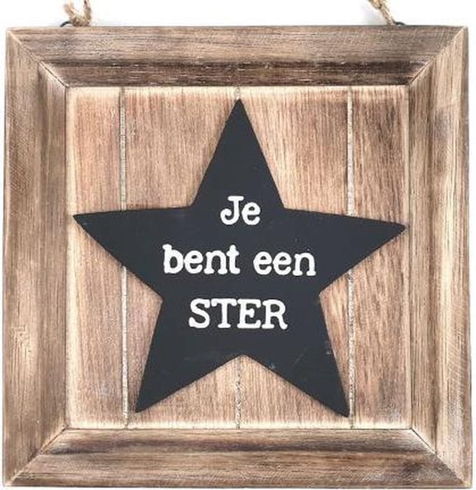Tekstbord - Je bent een STER - Vierkant naturel, zwart, wit - 20cm
