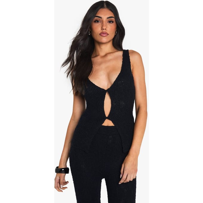boohoo Dames Gebreide Twist Voorzijde Gehaakte Weste | Black | Maat: 12