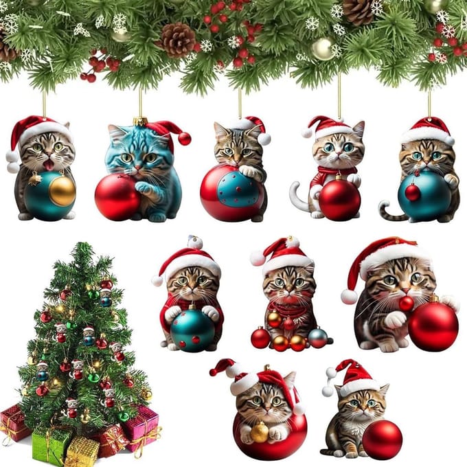 Set van 10 Kerstboomdecoraties met Katten - 2D Ontwerp voor Feestelijke Versiering en Kerstsfeer