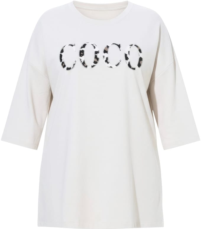 MIAMODA - Dames - T-shirt oversized COCO leo-applicatie - Grijsbeige - Maat 46+