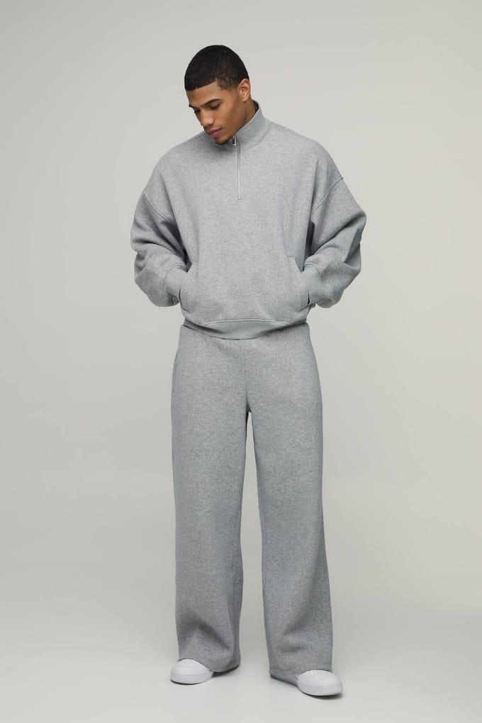 Oversized Ruime Slouchy Kwart Rits Tunnelhals Trainingspak | Grey Marl | Size Medium
