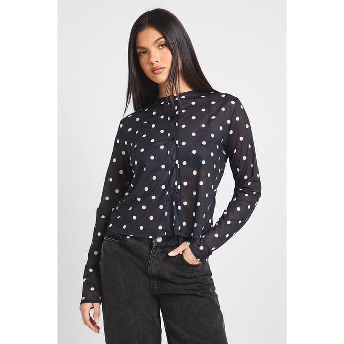 boohoo Dames Polkadot-print mesh top met knoopsluiting | Black/White | Maat: 8
