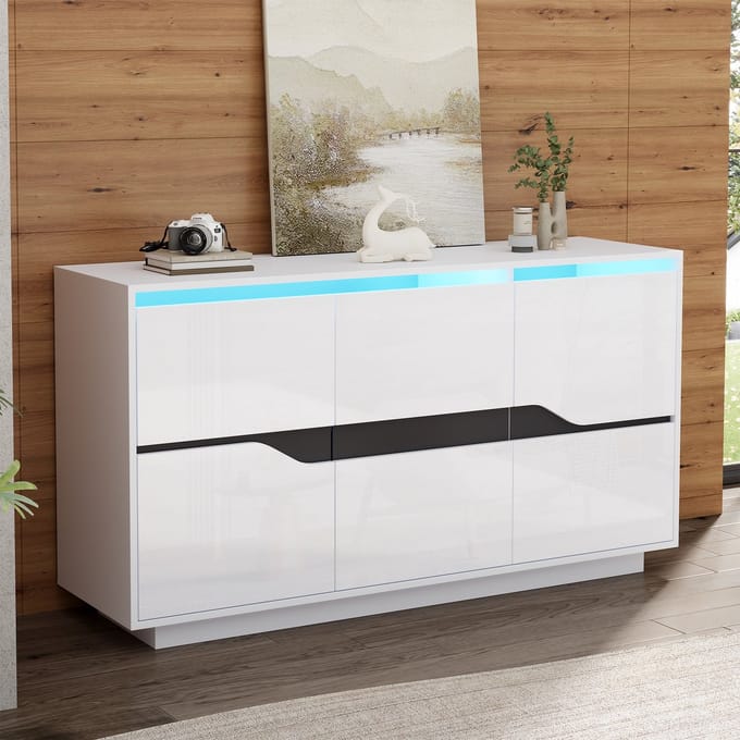 Wishdor Hoogglans Dressoir - Smart Bluetooth App LED - Verstelbare Legplanken - Modern Wit en Zwart - 140x40x70 cm