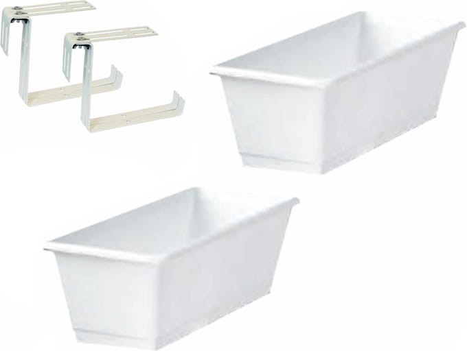 Set van 2 kunststof plantenbakken wit rechthoekig 40 cm met 4 verstelbare railing beugels