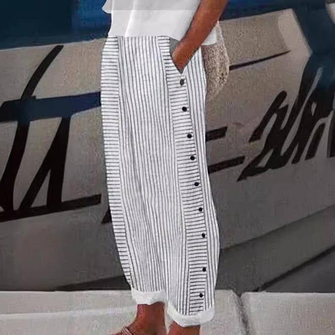 Dames Streep Broek Lang Elastische Taille Casual Los Recht Wijde Pijpen Broek Grote Maten S wit