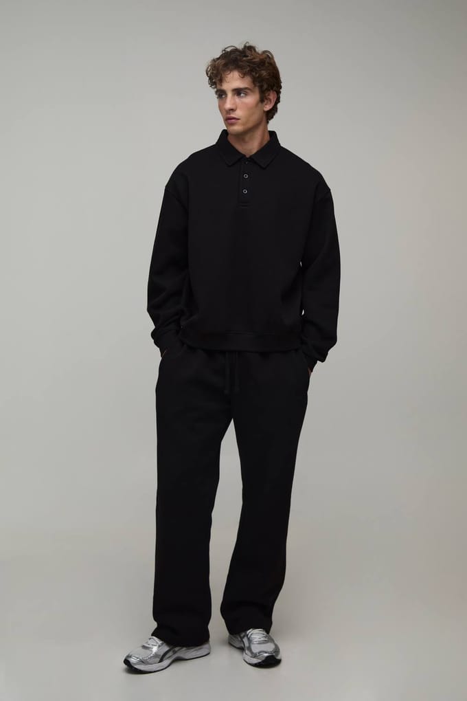Oversized Boxy Rugby En Rechte Pijp Joggingbroek | Black | Size XS