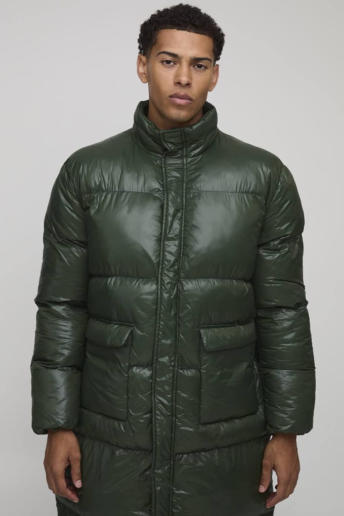 Regular Fit High Shine Longline Puffer Jacket | Khaki | Size Medium