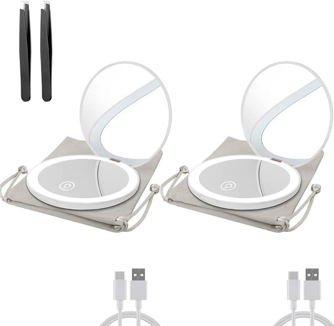 Compacte LED Spiegel - Zakspiegel Verlicht - Make-up Aanbrengen - Dubbelzijdig 1x/10x - 3.5 inch - Wit