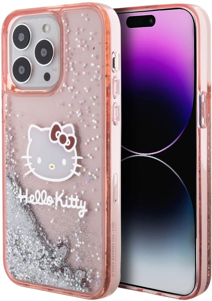 Hello Kitty iPhone 14 Pro Max TPU Back Cover hoesje - Liquid Glitter - Kitty Head Charms - Roze