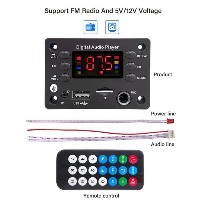 DC 5V 12V Bluetooth 5.0 MP3 Decoder Board Handsfree Auto Audio Microfoon USB TF FM Radio Mp3 Muziekspeler Luidspreker Met Afstandsbediening zwart