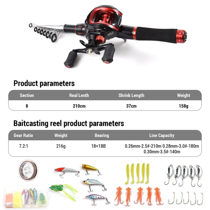Canne à pêche et moulinet Combo canne à pêche télescopique de 2.1 m avec moulinet Baitcasting à gauche Left Hand black