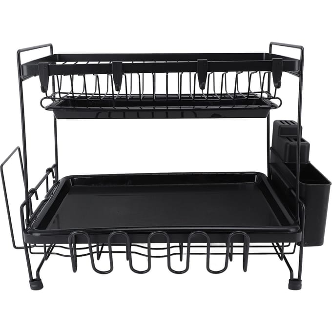 Égouttoir à vaisselle pliable à 2 niveaux, polyvalent et pratique, avec porte-ustensiles black