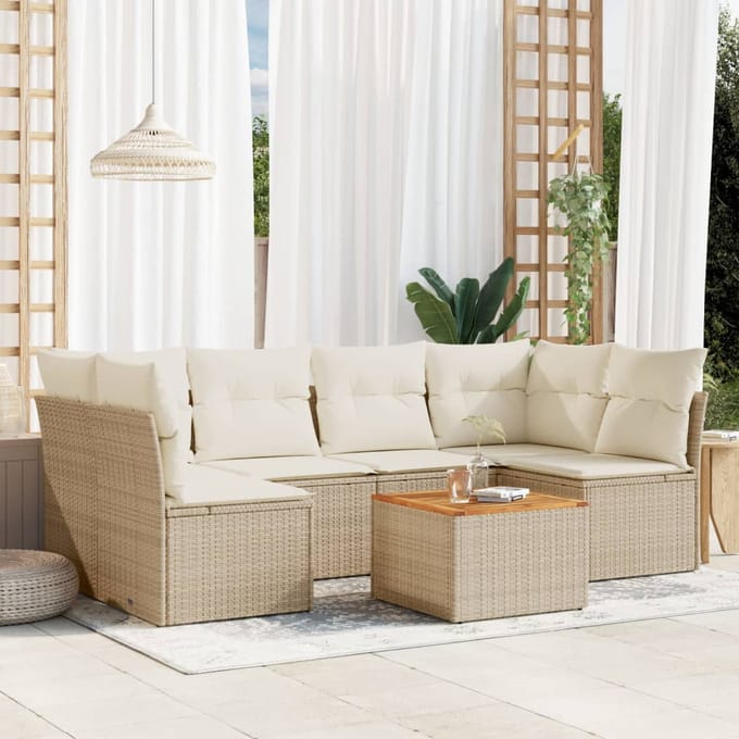 vidaXL - 7-delige - Loungeset - met - kussens - poly - rattan - beige