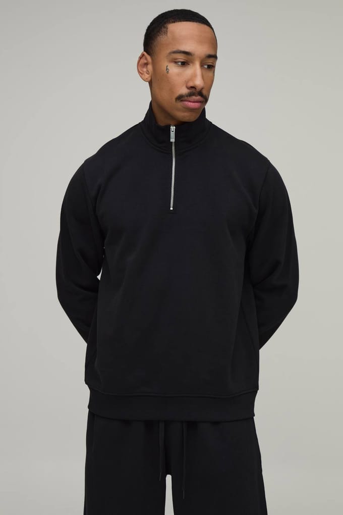 Regular Fit Premium 480gsm 1/4 Zip Funnel Neck Sweatshirt | Black | Size XL