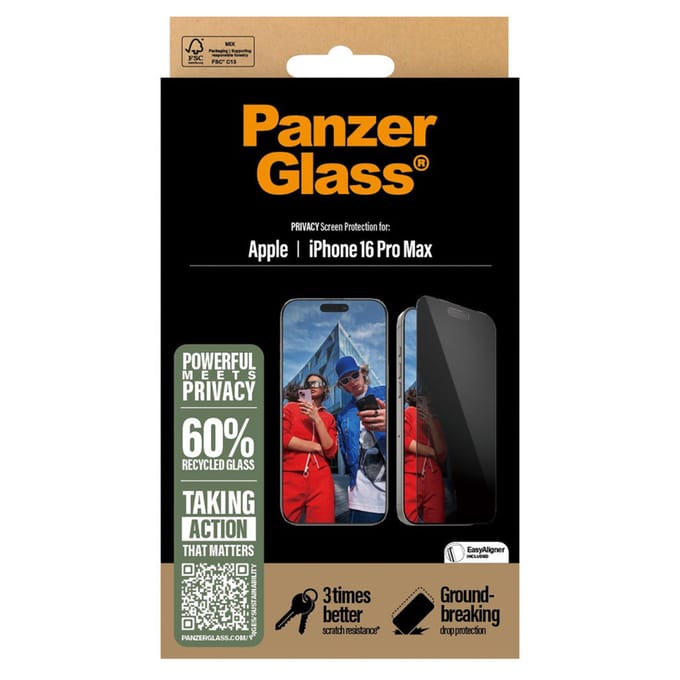PanzerGlass Screenprotector geschikt voor Apple iPhone 16 Pro Max Glazen | PanzerGlass Ultra-Wide Fit Privacy Screenprotector Privacy - Case Friendly - Zwart