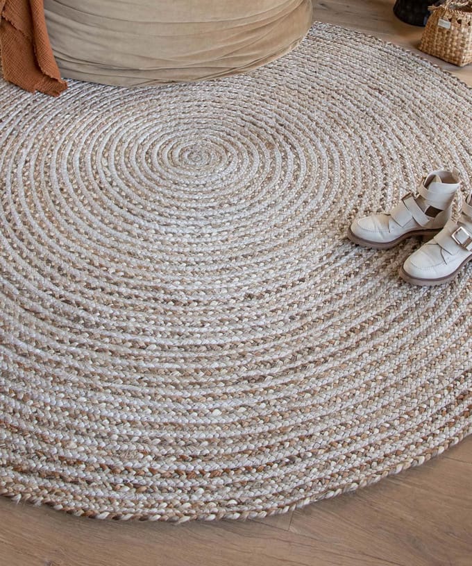 Jute vloerkleed rond - Braided wit/naturel 200
