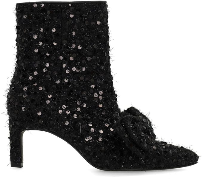 Manfield - Dames - Zwarte glitter enkellaarsjes met hak - Maat 38