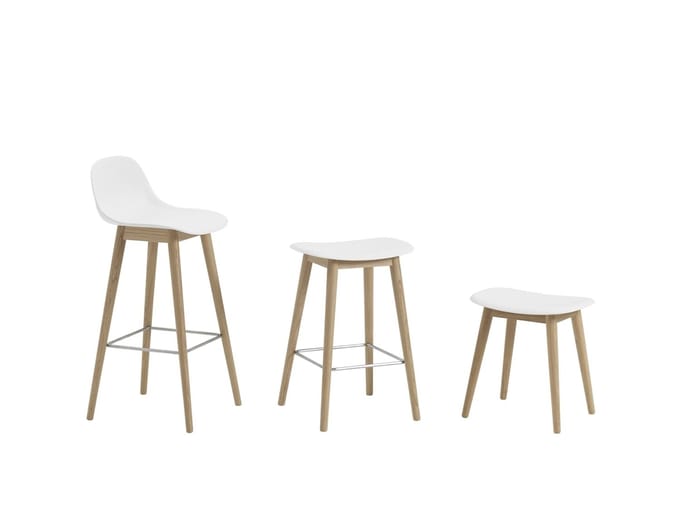 Muuto - Fiber barkruk - houten onderstel - Leer cognac - frame eiken - H65 - bruin