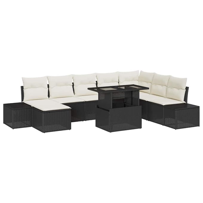 vidaXL - Tuinbank - Set - 9 - st - Zwart - en - Crème - poly - rattan