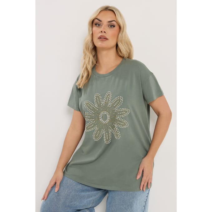 Yours Saliegroen Tshirt Met Kralen En Madeliefjes Size 44