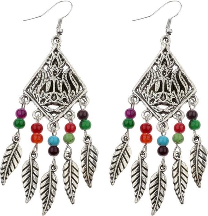 Fako Bijoux® - Oorbellen - Ruit Met Veertjes - Multicolour