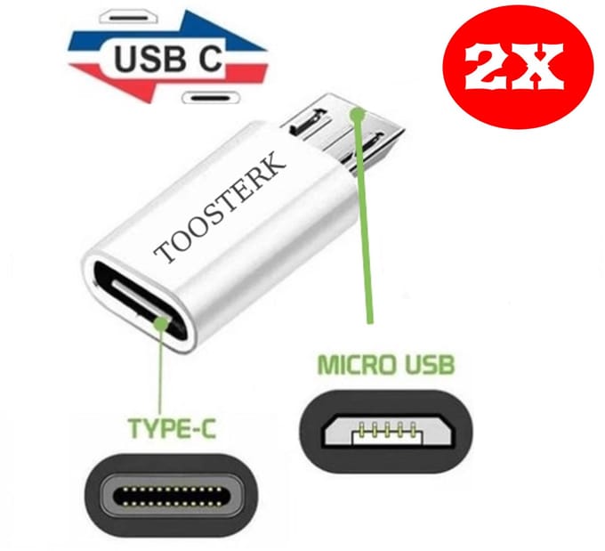 2x Adapter | Micro USB Mannelijk naar USB Type-C Vrouwelijk | Oplaadadapter Type-C naar Micro USB - Wit