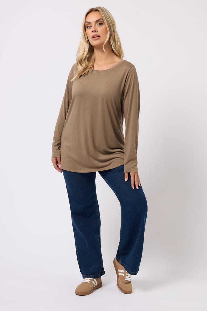 Yours Natural Brown Tshirt Met Lange Mouwen Size 48
