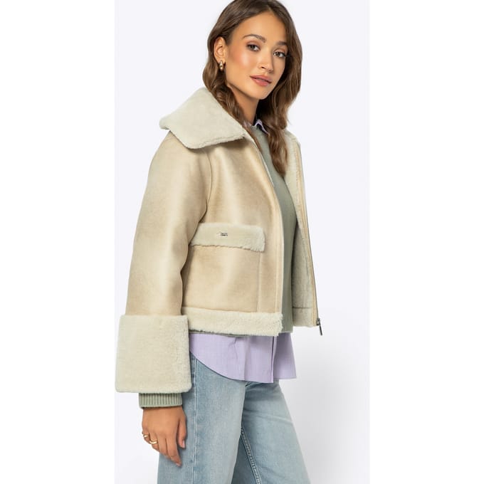 Wittchen Woman Kort Damesjack met Imitatiebont, Lichtbeige, Eco-leer