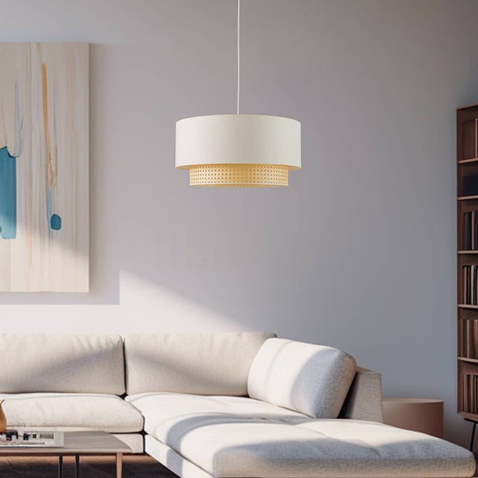 Duolla Boho-hanglamp, beige/hout, Ø 45 cm, textiel/rotan
