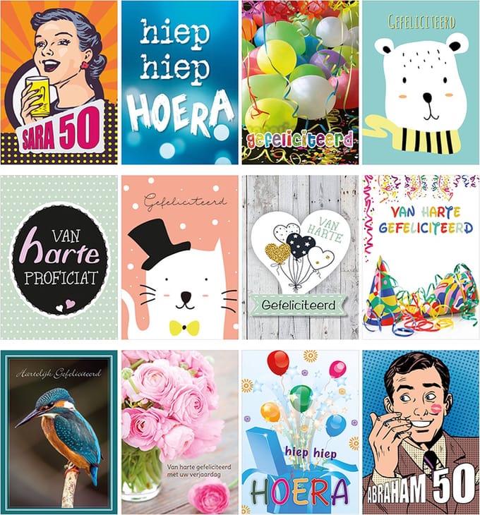 Wenskaart - Gefeliciteerd - Verjaardag - Mix - 12 kaarten