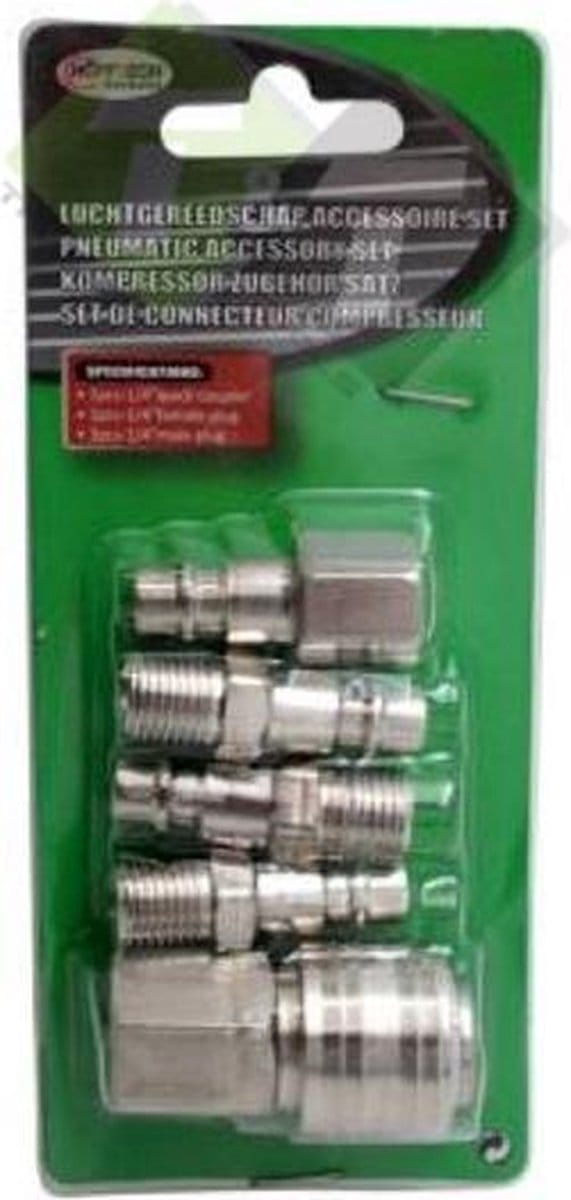 luchtgereedschap accessoires set - snelkoppeling - luchtnippel - luchtkoppeling 5 delig - höfftech