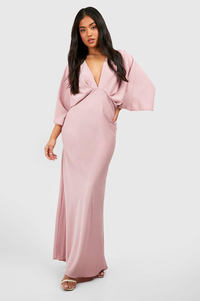 boohoo Dames Petite Bias Cut Engelmouwen Maxi-Jurk | Blush | Maat: 36