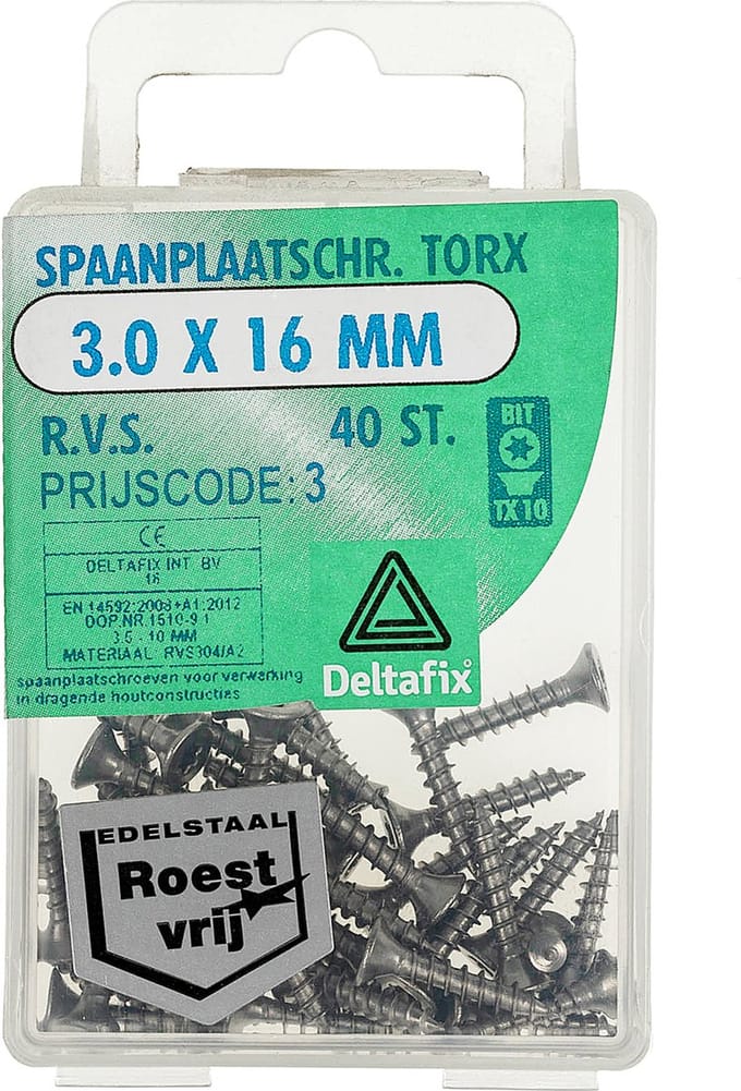Deltafix spaanplaatschroef platkop / torx r.v.s. a2 3.0 x 16 mm 40 st.