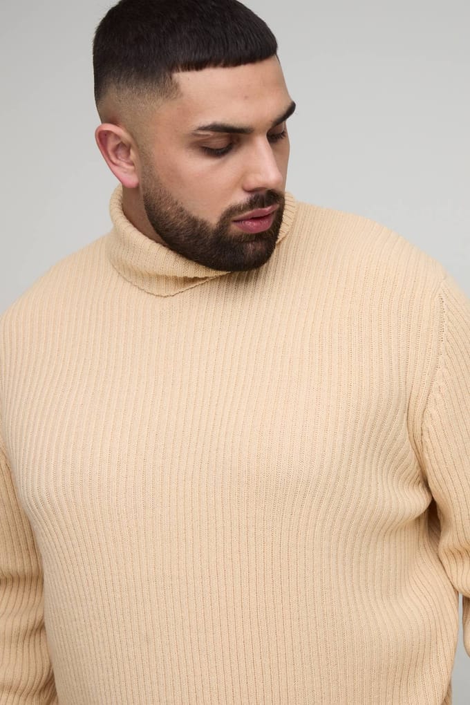 Plus Essential Regular Fit Ribbed Roll Neck Jumper | Sand | Size 4XL
