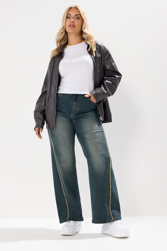 Yours Blue Washed Fray Seam Wide Leg Jeans Size 48