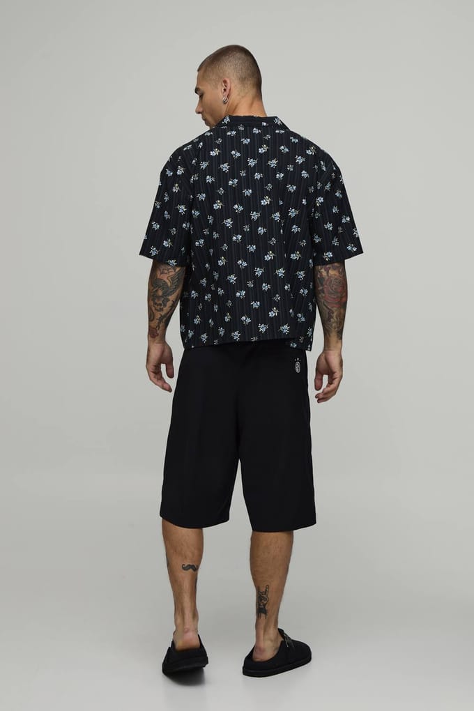 Oversized Overhemd Met Gestructureerde Bloemenprint | Black | Size XS