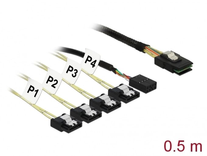 Delock Cable Mini SAS SFF-8087 > 4 x SATA 7 pin Reverse + Sideband 0.5 m