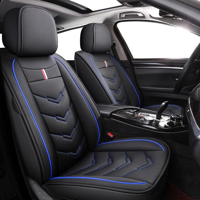 Housse de siège auto en cuir, protection intégrale avec appui-tête et coussin lombaire, ajustement universel Standard model noir/bleu
