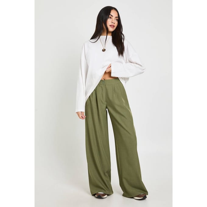 boohoo Dames Geweven Getailleerde Geplooide Wijde Pijpenbroek | Kaki | Maat: 38