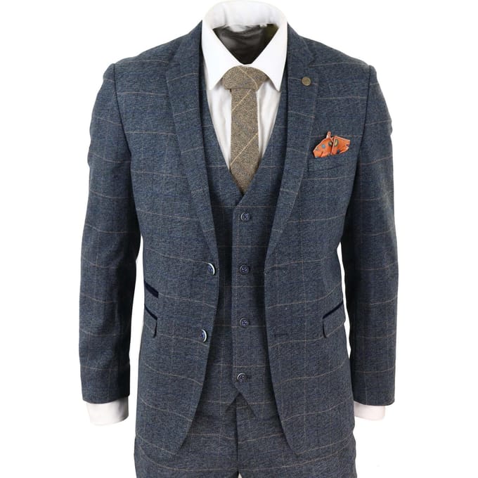 Heren 3-delig blauw tweed geruit vintage pak