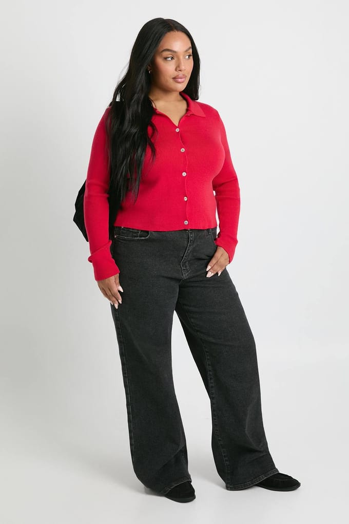 boohoo Dames Plus met kraag Compact Gebreide Cardigan | Red | Maat: 16-18
