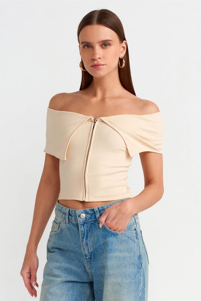 Vrouwen Off-shoulder Crop T-shirt met Rits