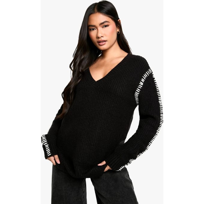 boohoo Dames Premium Contrast Trim V-hals Longline Jumper | Black | Maat: Small