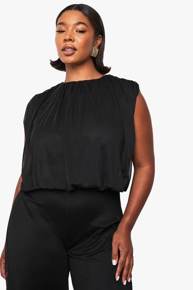 boohoo Dames Plus mesh blouson jumpsuit met wijde pijpen | Black | Maat: 18