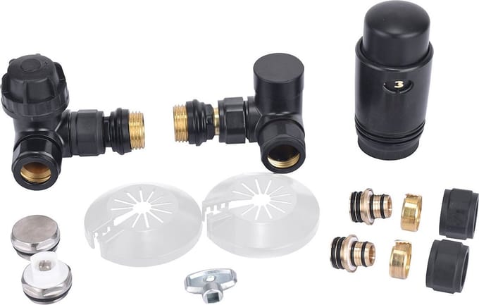 Sanifun luxe therm.rad.aansluitset haaks verkeerd rechts mat-zwart