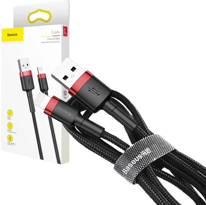 Baseus - Cafule - Kabel duurzame nylon kabel USB / Lightning QC3.0 kabel 2.4A 0,5M zwart en rood - (CALKLF-A19)