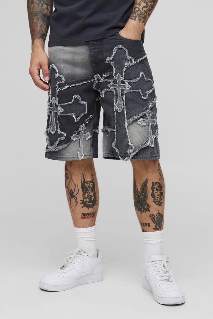 Relaxte All-Over Cross Applique Denim Shorts | Grey | Size 28